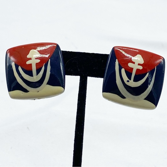 Vintage Anchor Red and Blue Handpainted Square Post Earrings - Picture 2 of 3